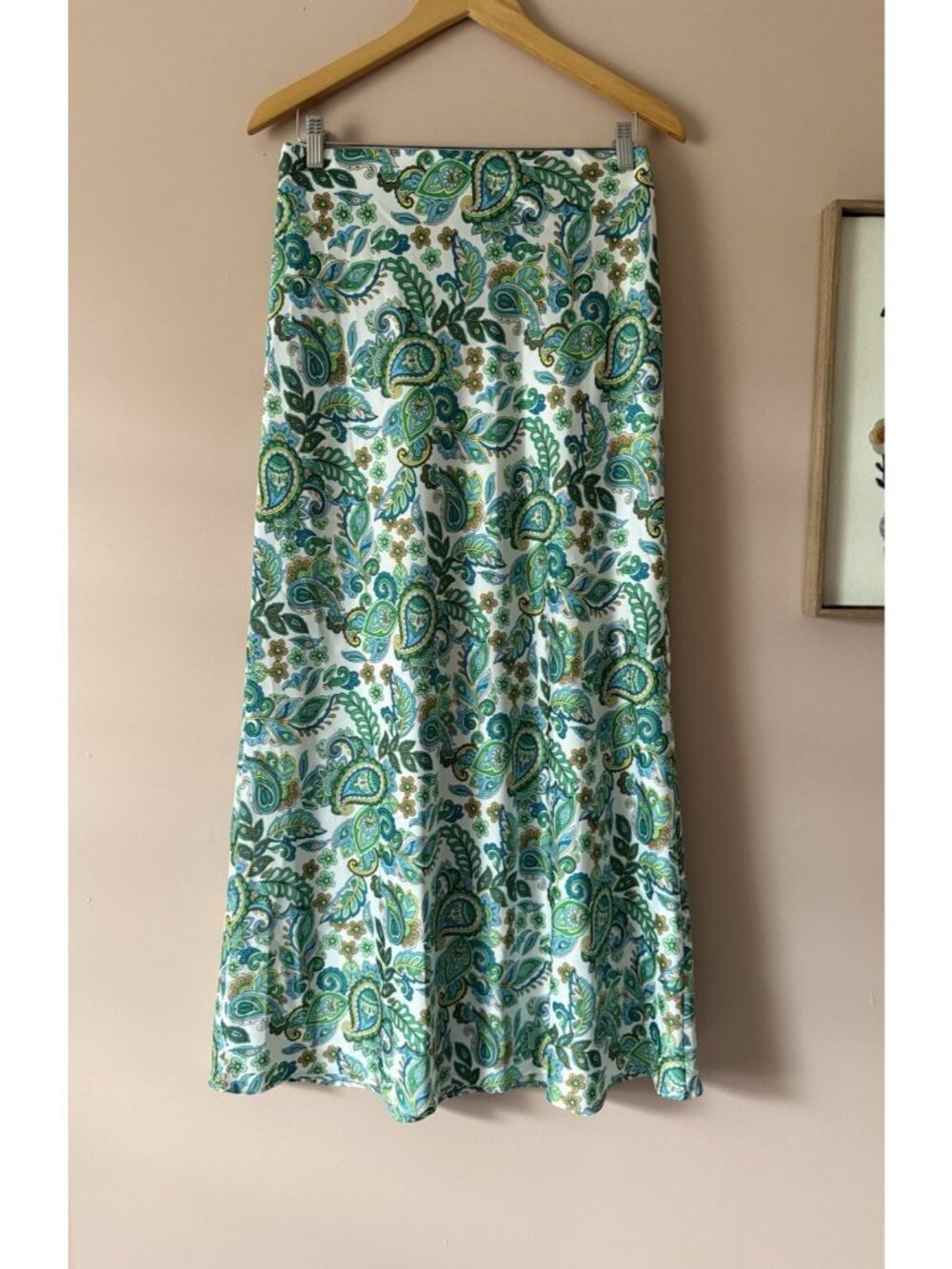 Loft Paisley Silky Aline Pull On Midi Skirt Green Boho Peasant Flowy Cottage S